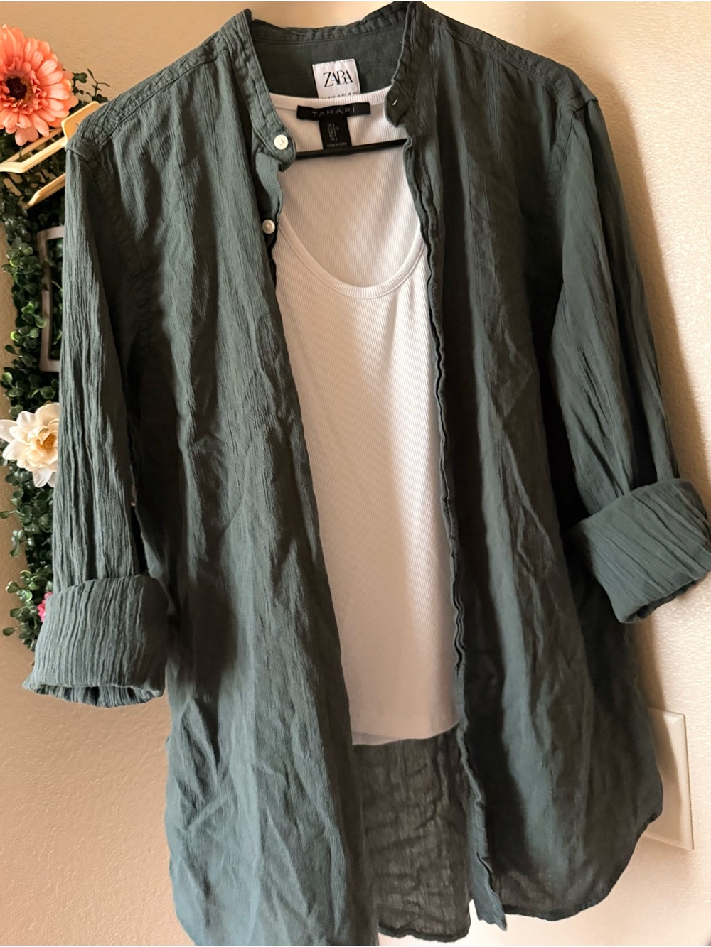 Zara Olive Green Button-Front Shirt Jacket
